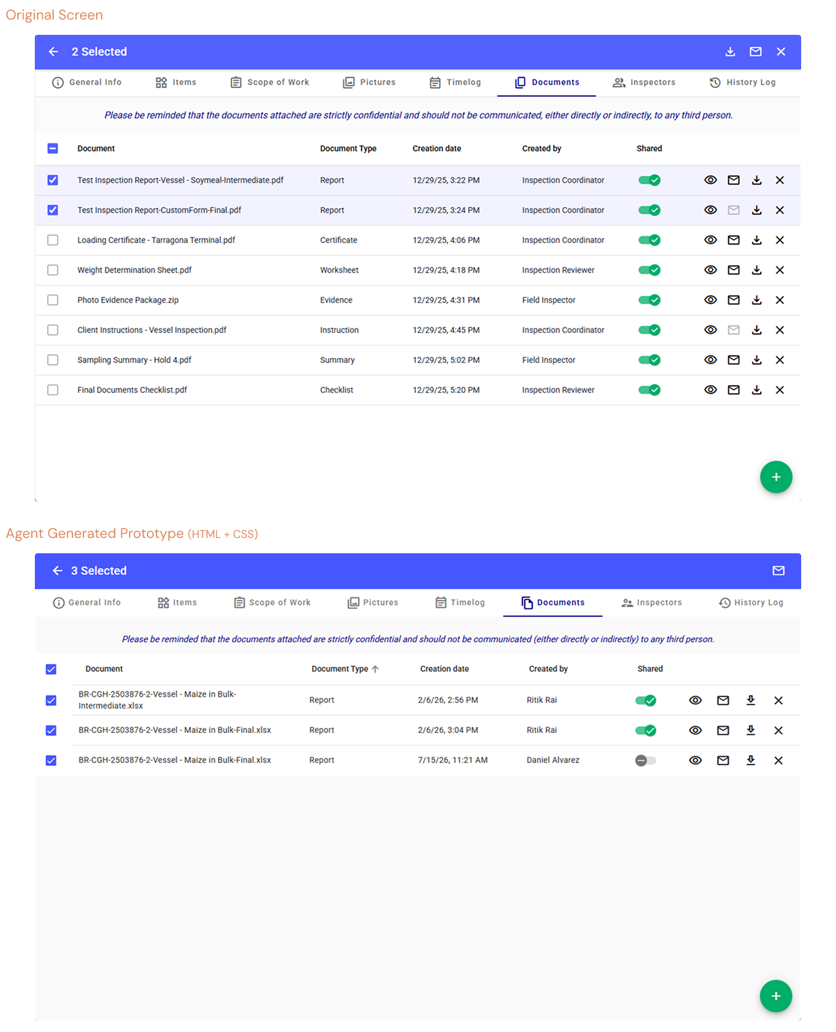 Side by side comparison of a real product screen and an agent-generated prototype